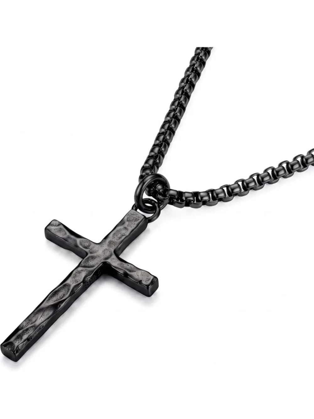 Men's Black 925 Sterling Cross Necklace Oxidized Hammered Pendant Jewelry